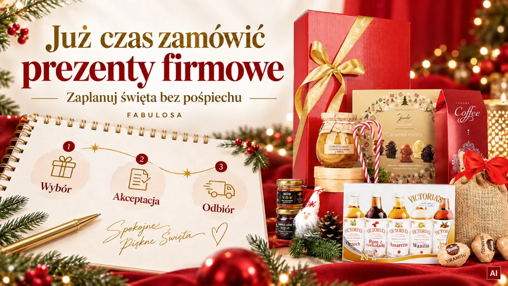 Świąteczna kompozycja z czerwonym pudełkiem, produktami prezentowymi i planerem: wybór, akceptacja, odbiór. Grafika AI.