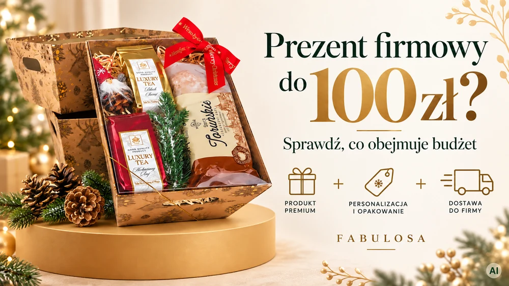 Pudełko prezentowe z herbatami i piernikami oraz czerwoną kokardą; obok napis „Prezent firmowy do 100 zł?” i ikony produktu, personalizacji oraz dostawy. Grafika AI.