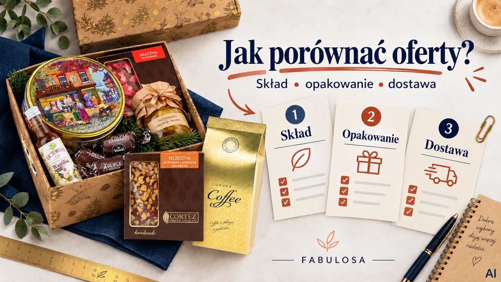 Pudełko prezentowe ze słodyczami i kawą obok kart porównania ofert: skład, opakowanie i dostawa.