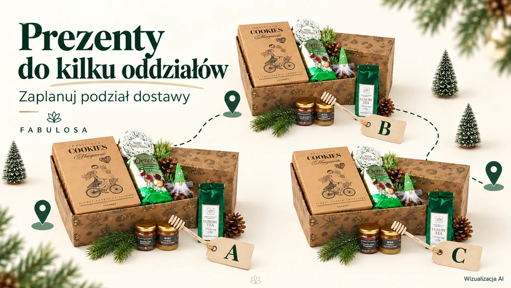 Trzy świąteczne zestawy w pudełkach oznaczone A, B i C, połączone linią dostawy do kilku oddziałów – wizualizacja AI.