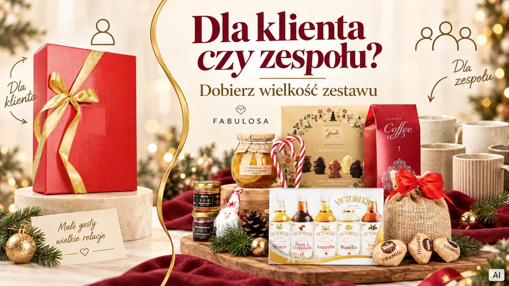 Czerwone pudełko ze złotą wstążką obok kawy i słodyczy do podziału w zespole, z napisem „Dla klienta czy zespołu?”.