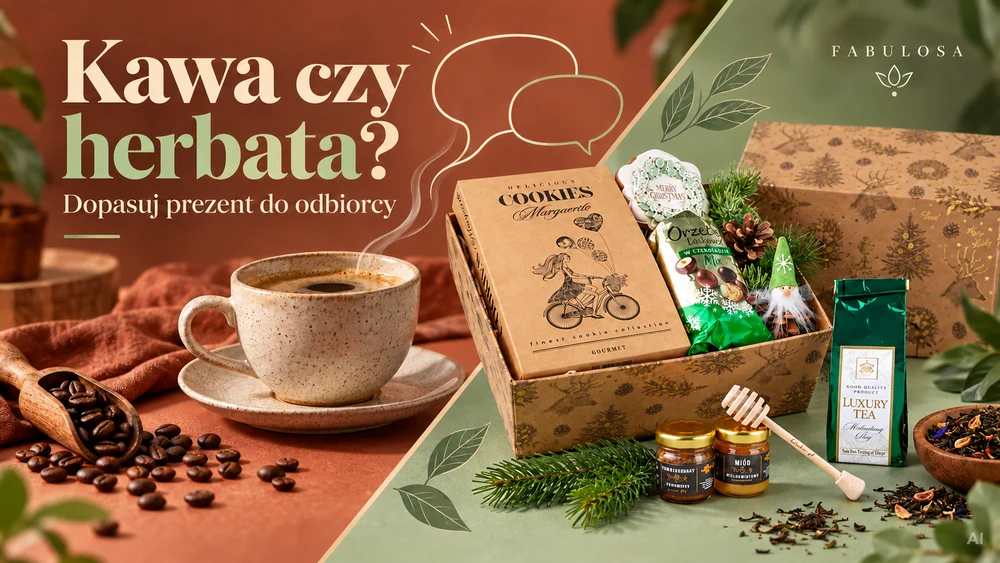 Filiżanka kawy i ziarna obok świątecznego pudełka ze słodyczami, herbatą i miodem, z napisem „Kawa czy herbata?”.