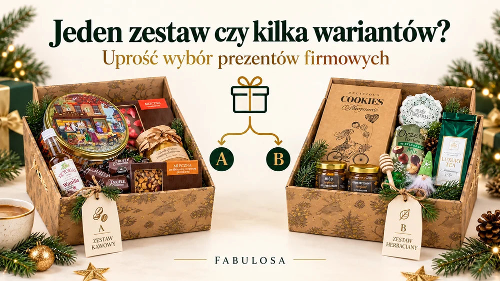 Dwa świąteczne pudełka prezentowe ze słodyczami oznaczone A i B, z podpisami zestaw kawowy i zestaw herbaciany.