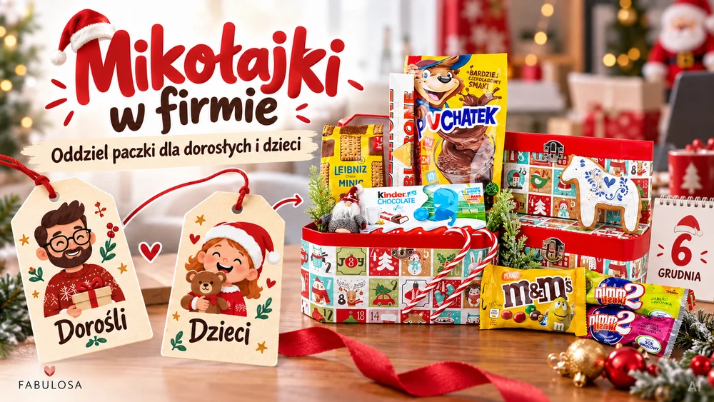 Świąteczne pudełka ze słodyczami oraz zawieszki „Dorośli” i „Dzieci” na grafice o Mikołajkach w firmie.