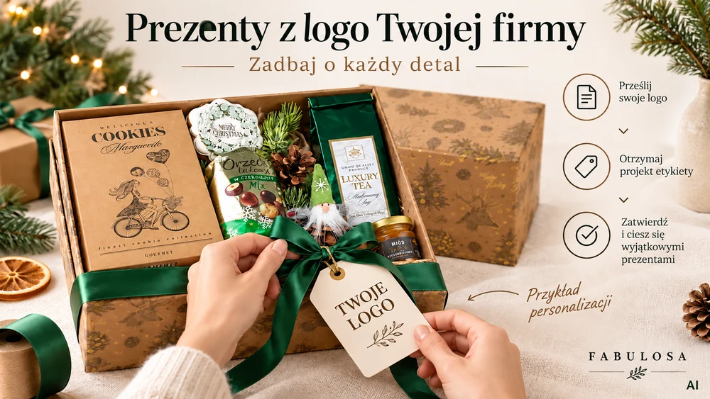 Dłonie przywiązują bilecik „Twoje logo” do zielonej wstążki na pudełku z herbatą, ciasteczkami i słodyczami; obok etapy personalizacji. Wizualizacja AI.